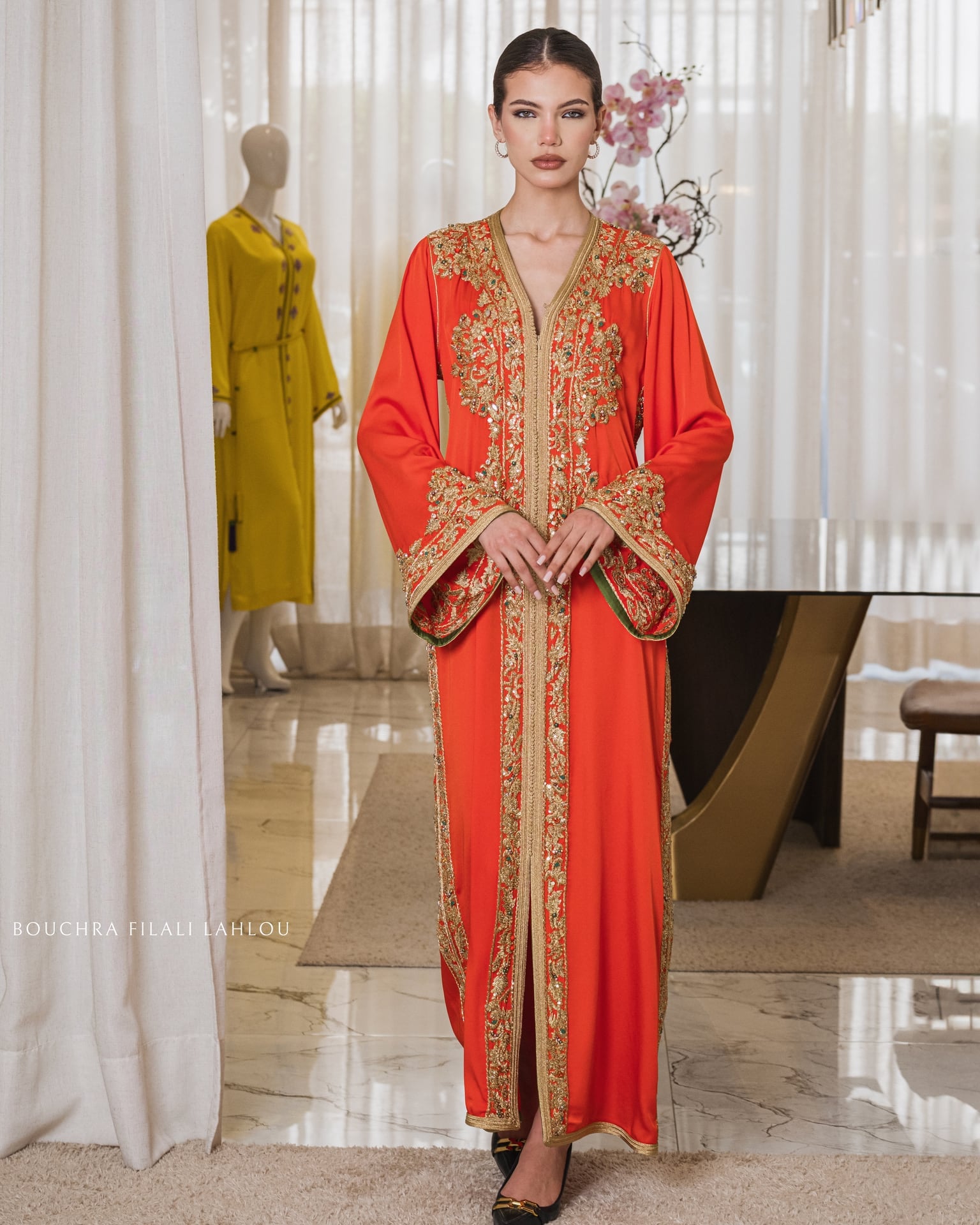 Vivid marigold dress with gold embroidery at the placket and wide sleeves