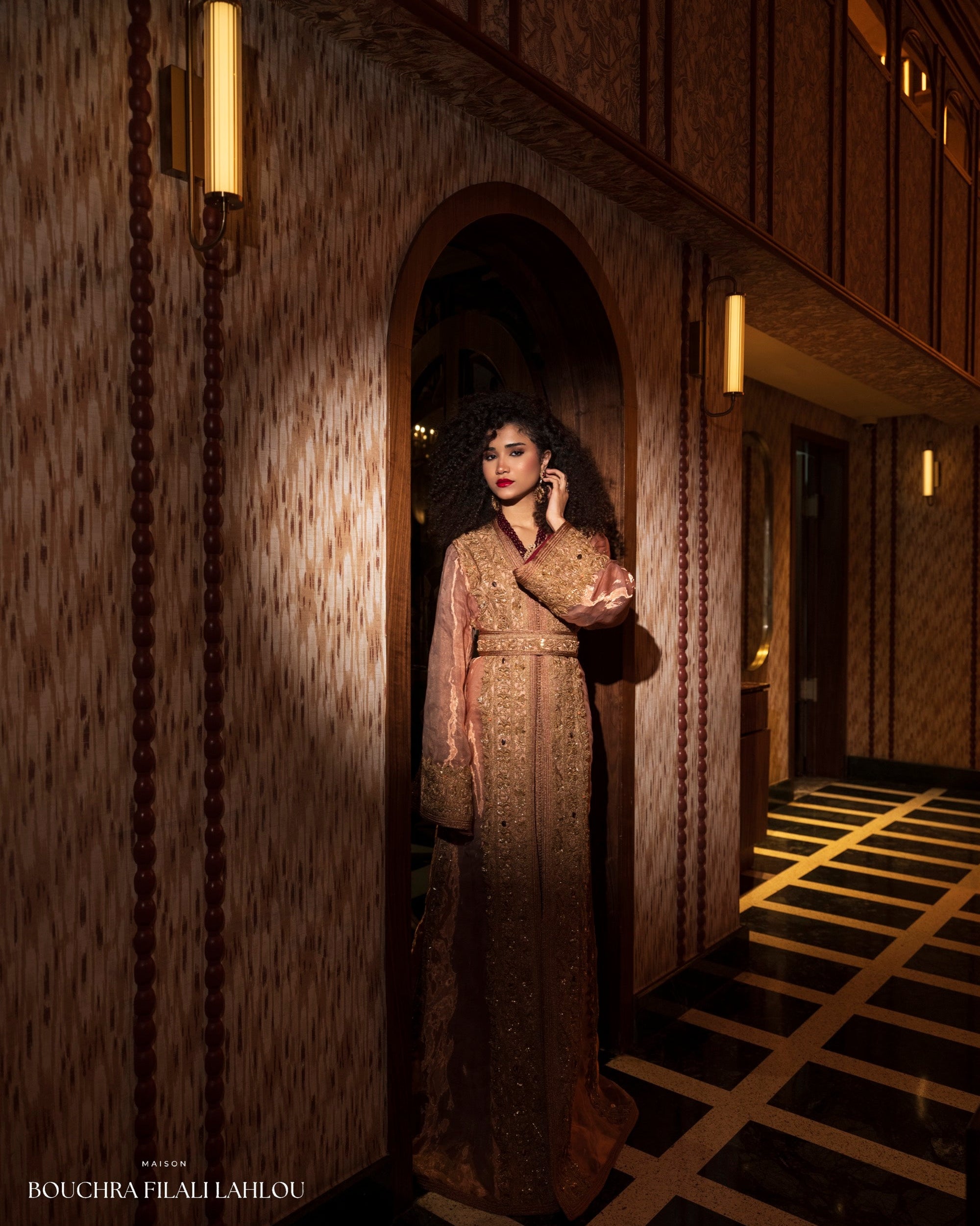 Rose Atrium Moroccan kaftan with rose gold embroidery, belted waist and wide sleeves