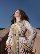 Ecru Tapestry ecru Moroccan kaftan with bands of polychrome beading