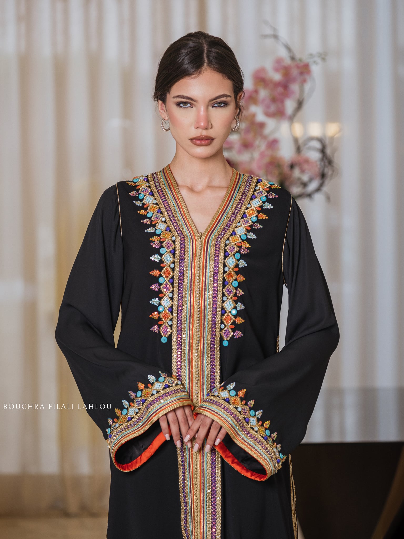 Ink Garden one-piece Moroccan caftan in black with polychrome hand embroidery, full-length front view