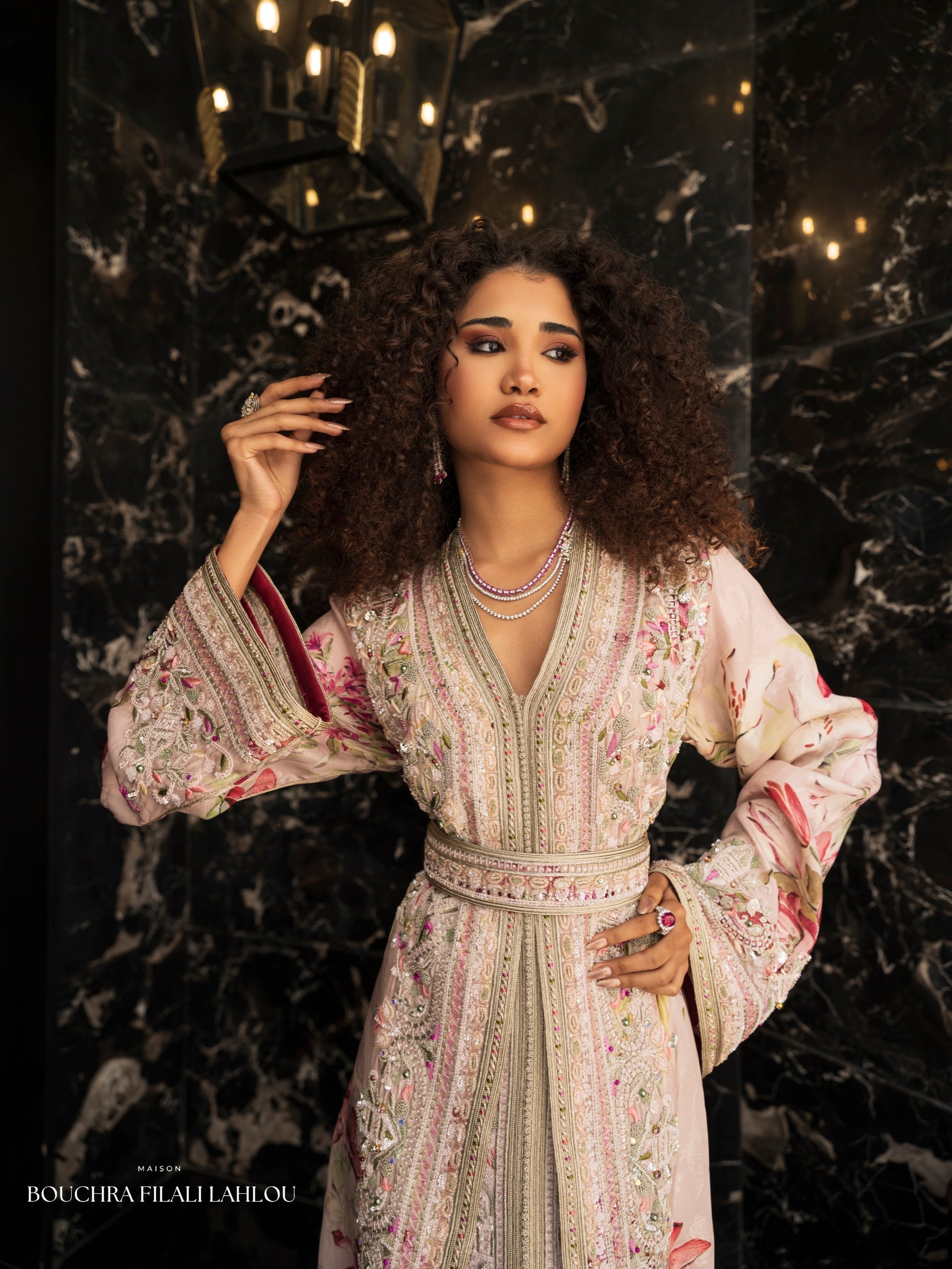Petal Mirage Moroccan kaftan with floral sleeves, ornate embroidery and defined waist